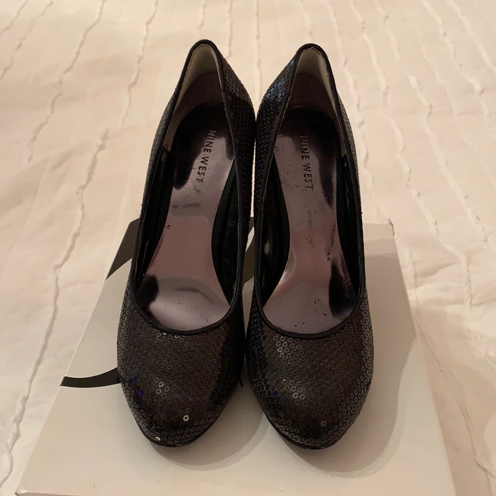 Black Sequin Block Heels